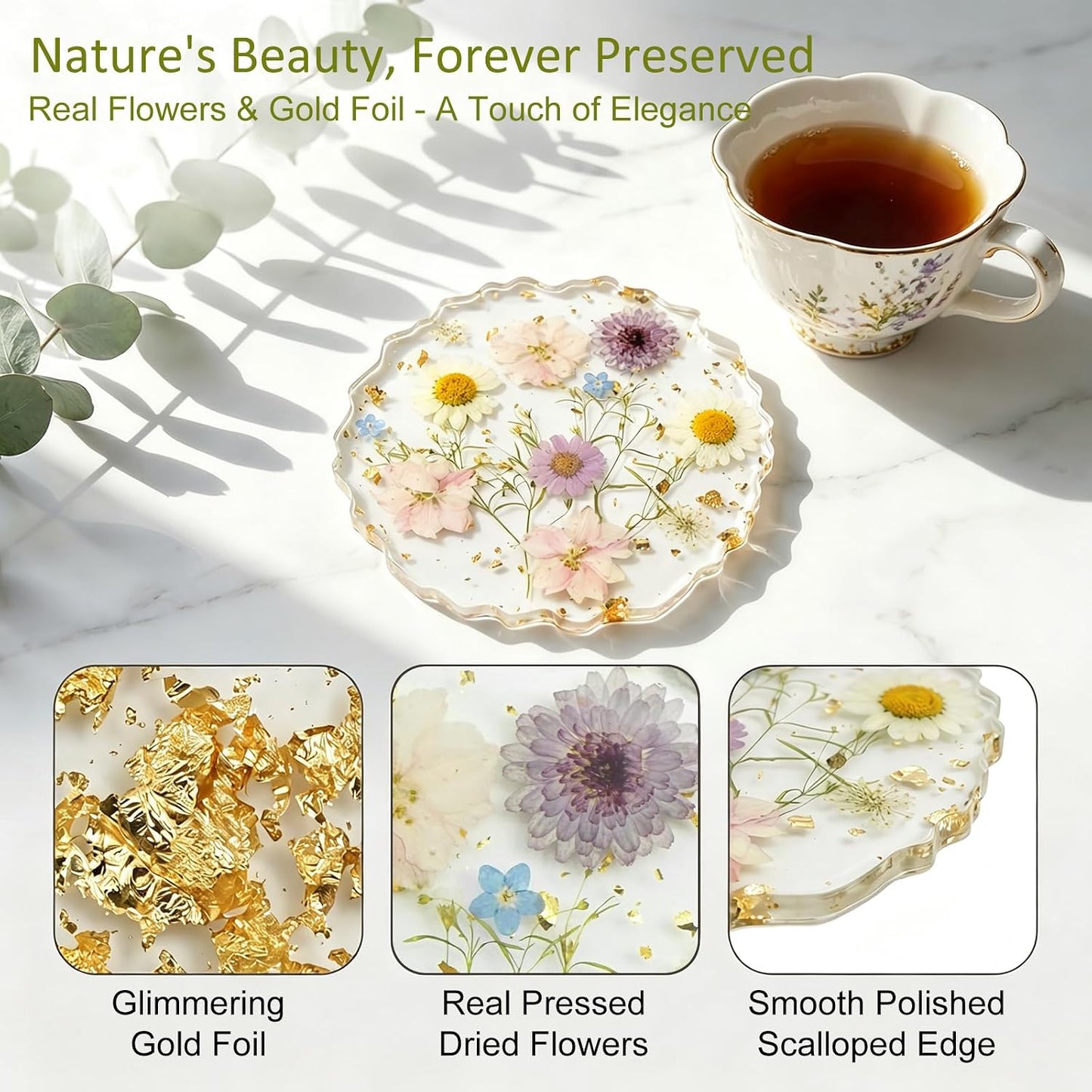 Dried Flowers for Resin, Art Coasters in 4.92" Large Size Handmade Pressed | Clear Resin Desk Coasters with Anti-Slip Silicone Dots and Show Holder, Gifts for Mother, Bridesmaid & Housewarming Present