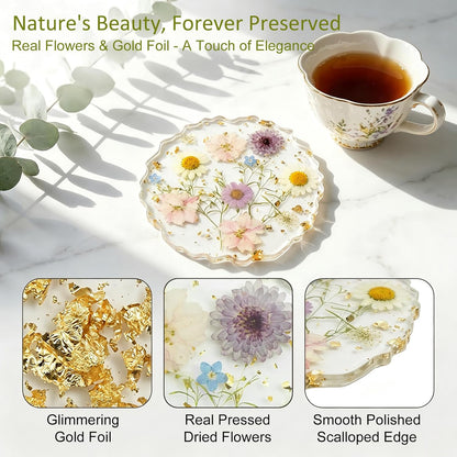 Dried Flowers for Resin, Art Coasters in 4.92" Large Size Handmade Pressed | Clear Resin Desk Coasters with Anti-Slip Silicone Dots and Show Holder, Gifts for Mother, Bridesmaid & Housewarming Present