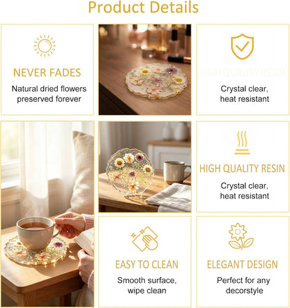 Dried Flowers for Resin, Art Coasters in 4.92" Large Size Handmade Pressed | Clear Resin Desk Coasters with Anti-Slip Silicone Dots and Show Holder, Gifts for Mother, Bridesmaid & Housewarming Present
