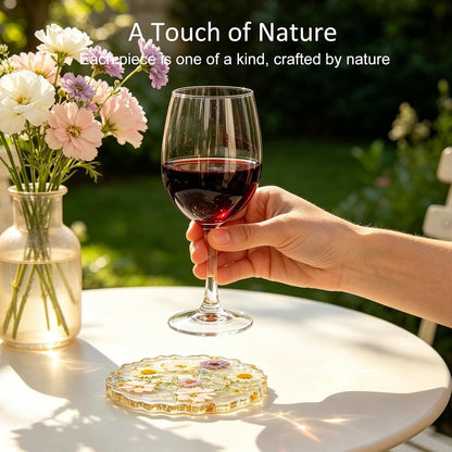 Dried Flowers for Resin, Art Coasters in 4.92" Large Size Handmade Pressed | Clear Resin Desk Coasters with Anti-Slip Silicone Dots and Show Holder, Gifts for Mother, Bridesmaid & Housewarming Present