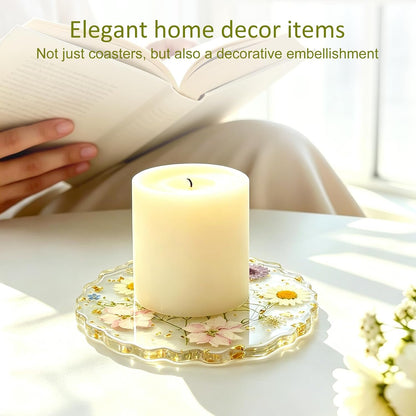 Dried Flowers for Resin, Art Coasters in 4.92" Large Size Handmade Pressed | Clear Resin Desk Coasters with Anti-Slip Silicone Dots and Show Holder, Gifts for Mother, Bridesmaid & Housewarming Present