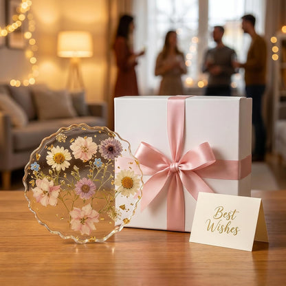 Dried Flowers for Resin, Art Coasters in 4.92" Large Size Handmade Pressed | Clear Resin Desk Coasters with Anti-Slip Silicone Dots and Show Holder, Gifts for Mother, Bridesmaid & Housewarming Present