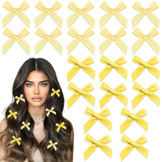 Yellow Hair Bows 20PCS Gingham Bow Hair Clips Satin Non Slip Small Hair Bows Cute Hair Barrettes Y2K Hair Accessories for Women Girls