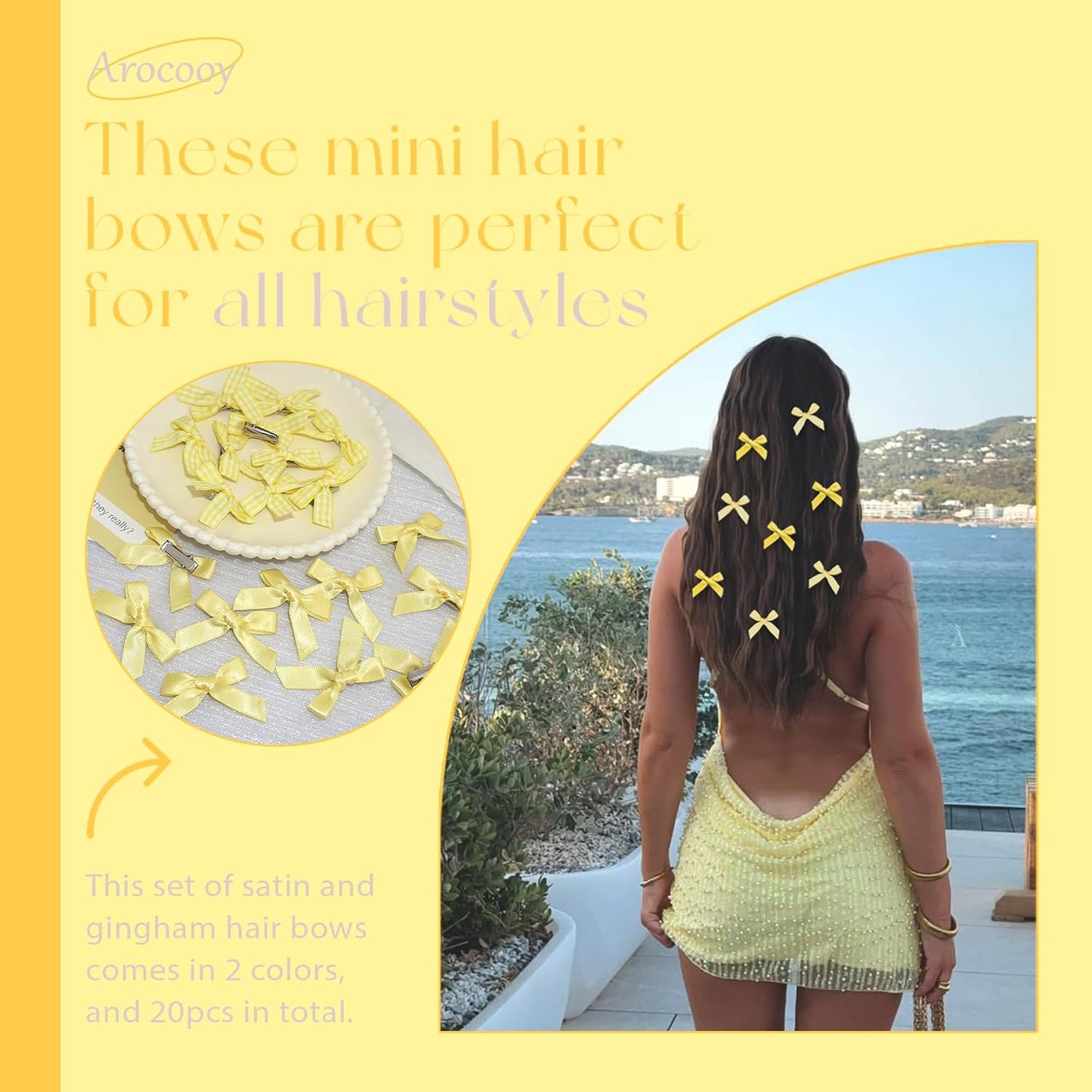 Yellow Hair Bows 20PCS Gingham Bow Hair Clips Satin Non Slip Small Hair Bows Cute Hair Barrettes Y2K Hair Accessories for Women Girls