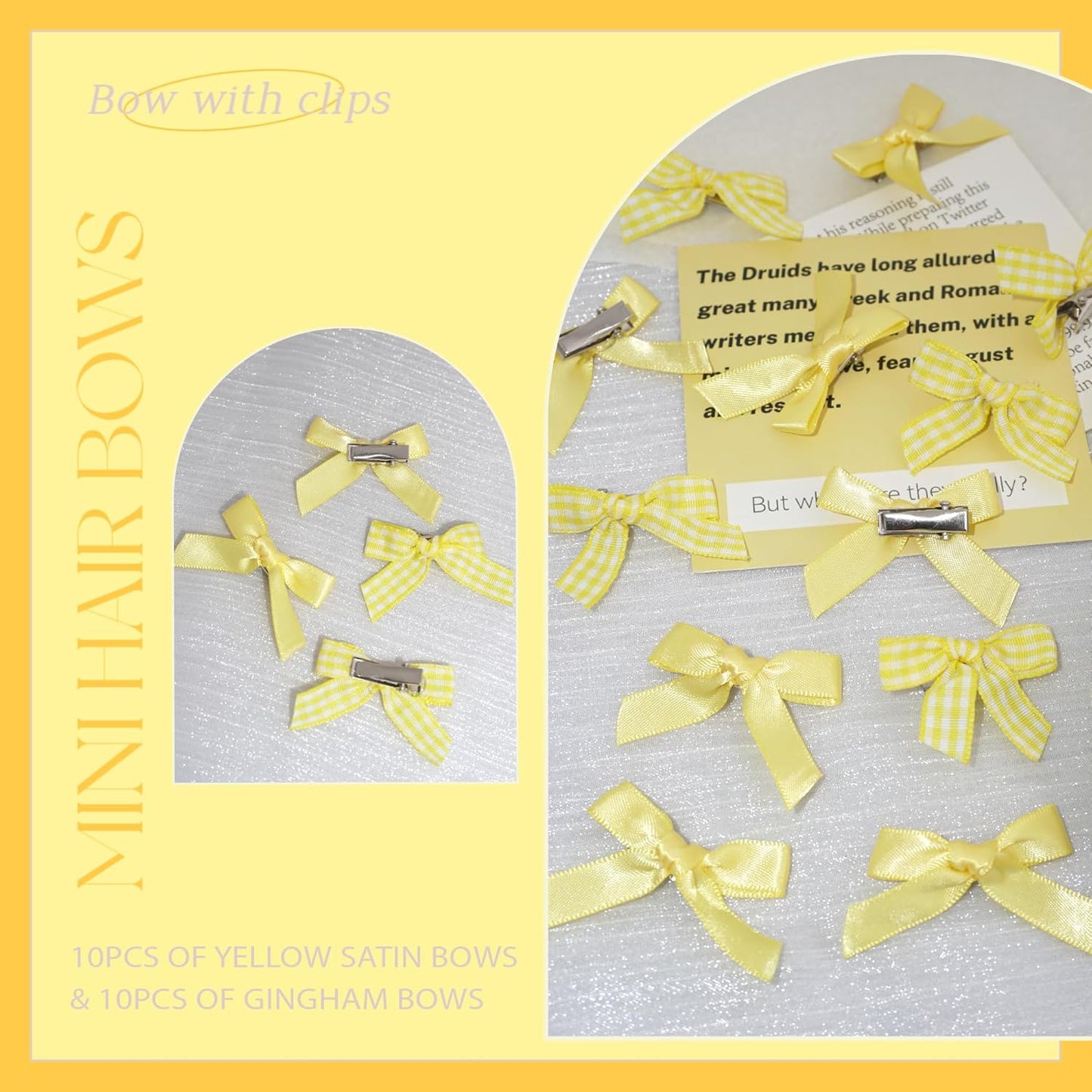 Yellow Hair Bows 20PCS Gingham Bow Hair Clips Satin Non Slip Small Hair Bows Cute Hair Barrettes Y2K Hair Accessories for Women Girls