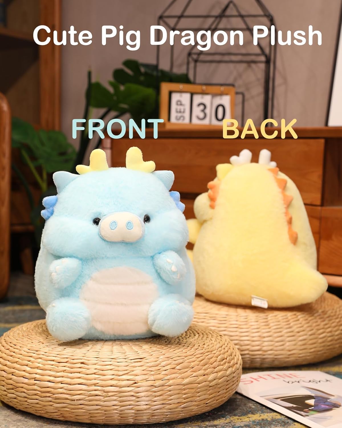 Cute Dragon Pig Plush Pillow (Yellow, 11 Inch) Dinosaur Stuffed Animal | Soft Toy Plushies, Kawaii Gifts for Kids and Adults