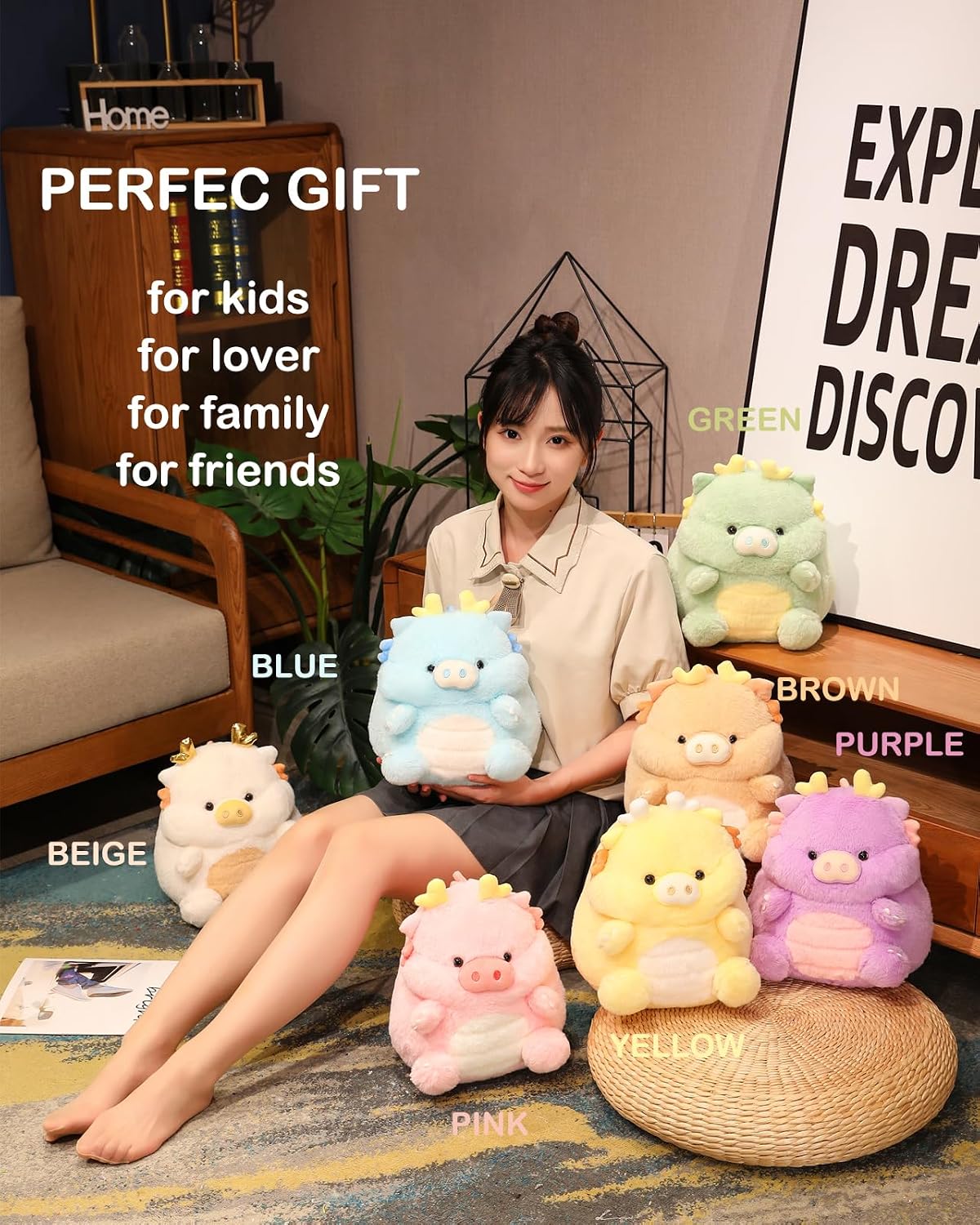 Cute Dragon Pig Plush Pillow (Yellow, 11 Inch) Dinosaur Stuffed Animal | Soft Toy Plushies, Kawaii Gifts for Kids and Adults