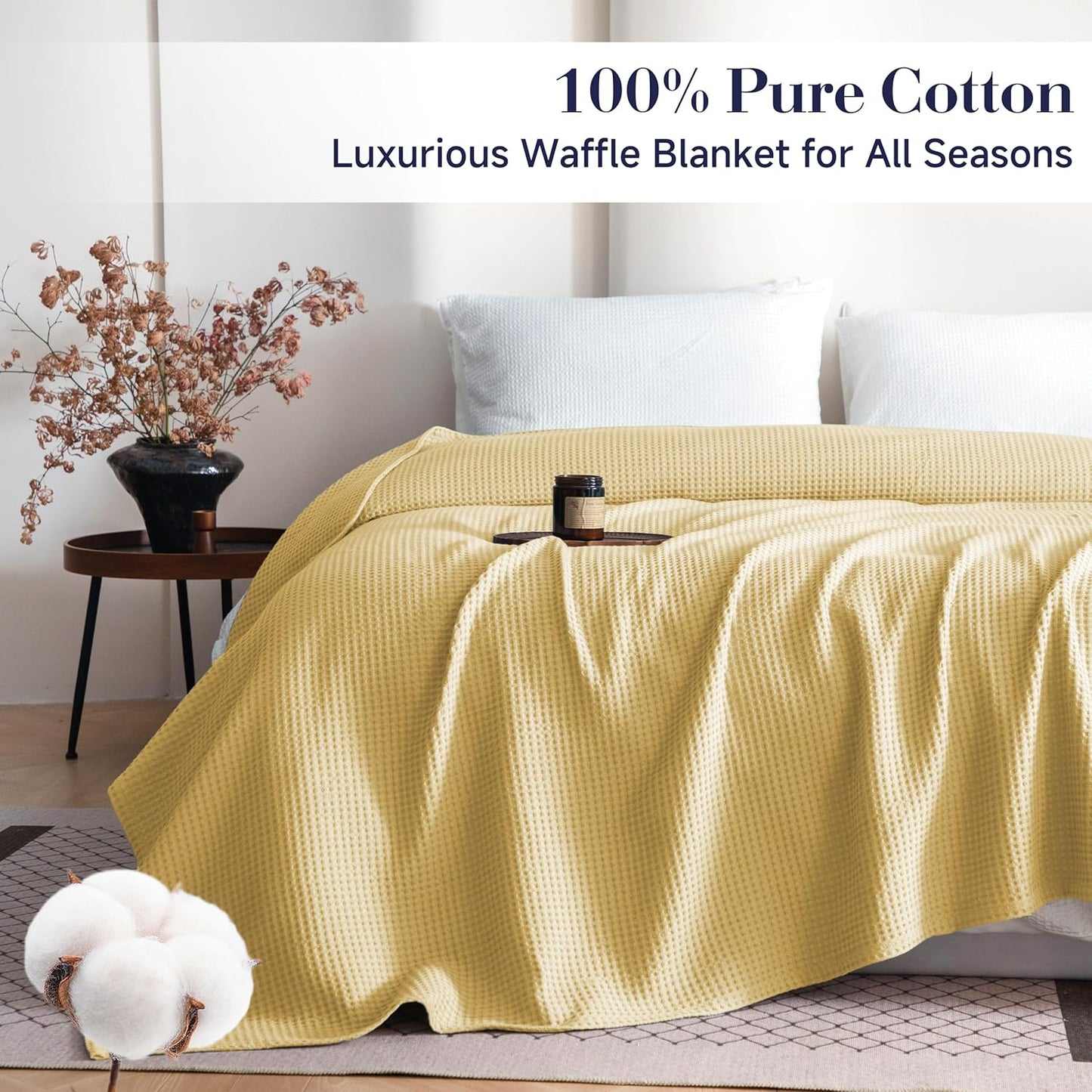 100% Cotton Waffle Weave Throw Blanket 40"x50", Soft Lightweight Breathable Cozy Washed, Layer Blanket for Couch Bed Sofa, Farmhouse Home Decor for Adults All-Season, Light Yellow