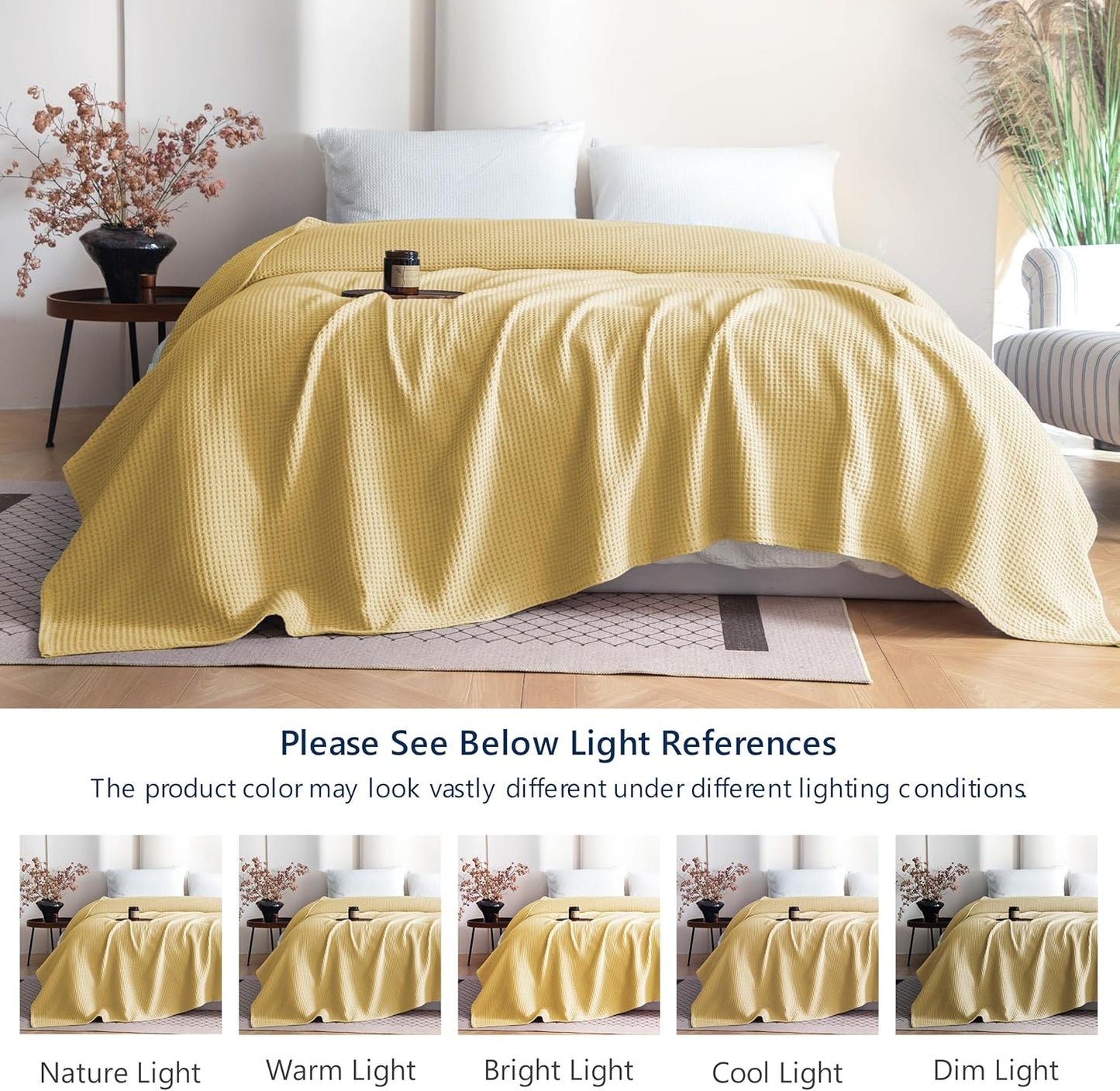 100% Cotton Waffle Weave Throw Blanket 40"x50", Soft Lightweight Breathable Cozy Washed, Layer Blanket for Couch Bed Sofa, Farmhouse Home Decor for Adults All-Season, Light Yellow