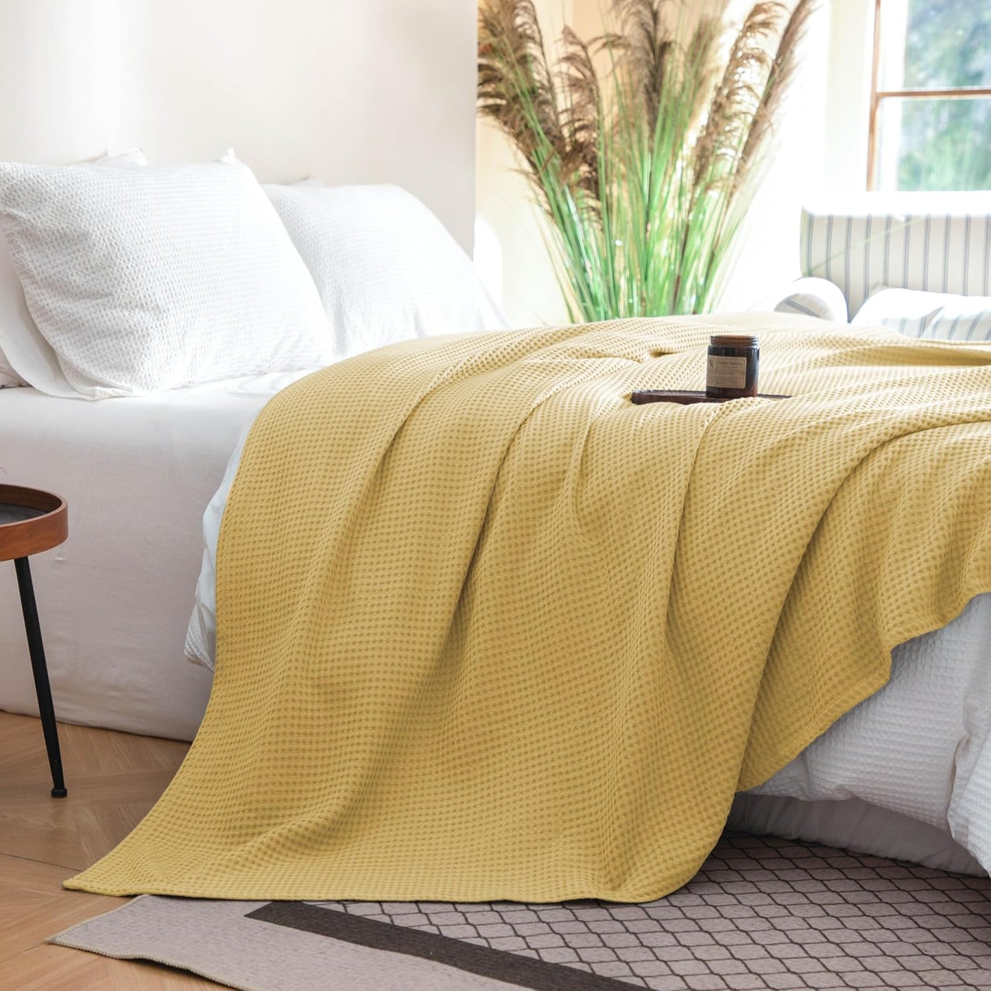 100% Cotton Waffle Weave Throw Blanket 40"x50", Soft Lightweight Breathable Cozy Washed, Layer Blanket for Couch Bed Sofa, Farmhouse Home Decor for Adults All-Season, Light Yellow