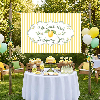 We Can’t Wait to Squeeze You Backdrop Yellow Stripes Lemon Floral Baby Shower Background Vinyl Wall Decor for Women Indoor Photo Party Decoration 5x3ft