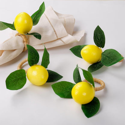 Handmade Napkin Rings Set of 8, Faux Lemon with Vine Napkin Ring Holder for Wedding, Table Dinner Party, Family, Banquet, Serviette for Christmas, Thanksgiving Day (Lemon)