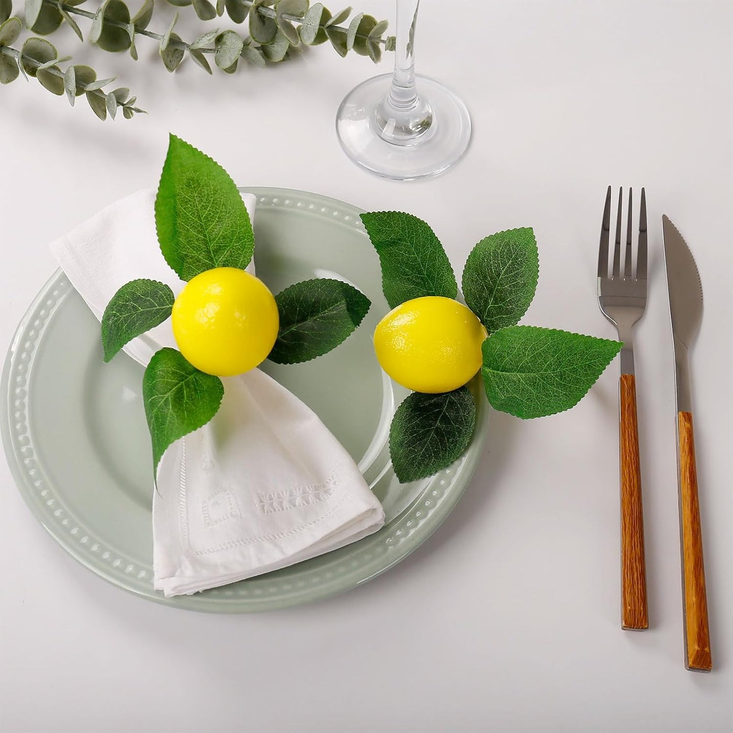 Handmade Napkin Rings Set of 8, Faux Lemon with Vine Napkin Ring Holder for Wedding, Table Dinner Party, Family, Banquet, Serviette for Christmas, Thanksgiving Day (Lemon)