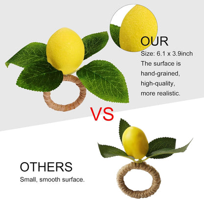 Handmade Napkin Rings Set of 8, Faux Lemon with Vine Napkin Ring Holder for Wedding, Table Dinner Party, Family, Banquet, Serviette for Christmas, Thanksgiving Day (Lemon)