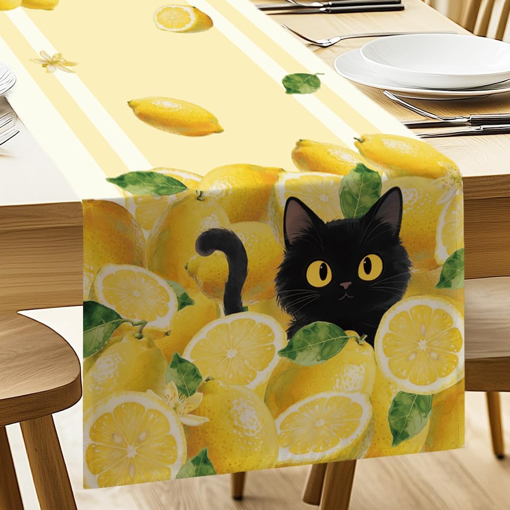 Table Runner Lemon and Black Cat 13"x72" Stripes Table Decorations, Durable Summer Dining Decor for Home Kitchen Party Room