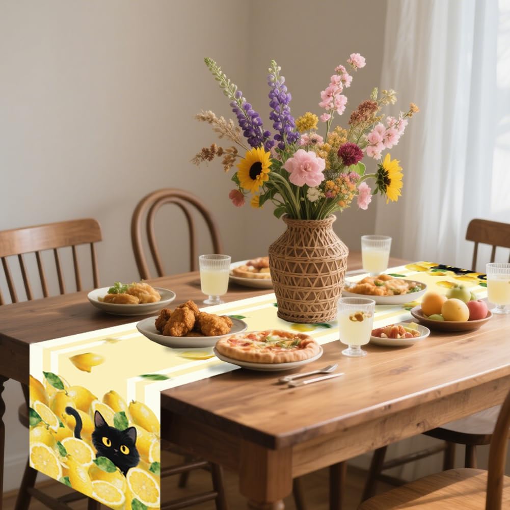 Table Runner Lemon and Black Cat 13"x72" Stripes Table Decorations, Durable Summer Dining Decor for Home Kitchen Party Room