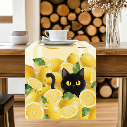 Table Runner Lemon and Black Cat 13"x72" Stripes Table Decorations, Durable Summer Dining Decor for Home Kitchen Party Room