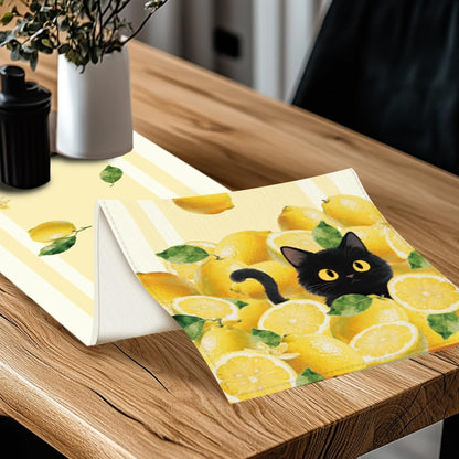 Table Runner Lemon and Black Cat 13"x72" Stripes Table Decorations, Durable Summer Dining Decor for Home Kitchen Party Room