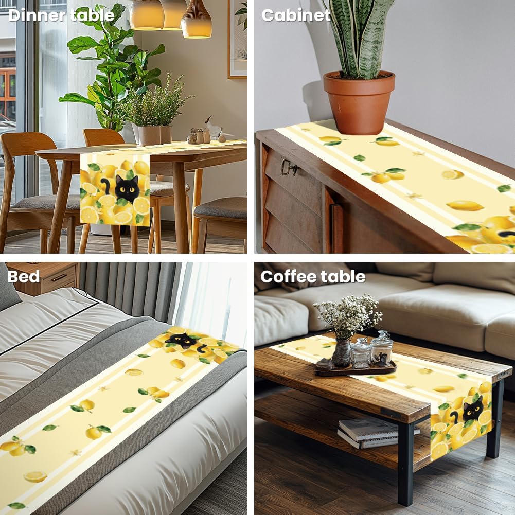 Table Runner Lemon and Black Cat 13"x72" Stripes Table Decorations, Durable Summer Dining Decor for Home Kitchen Party Room