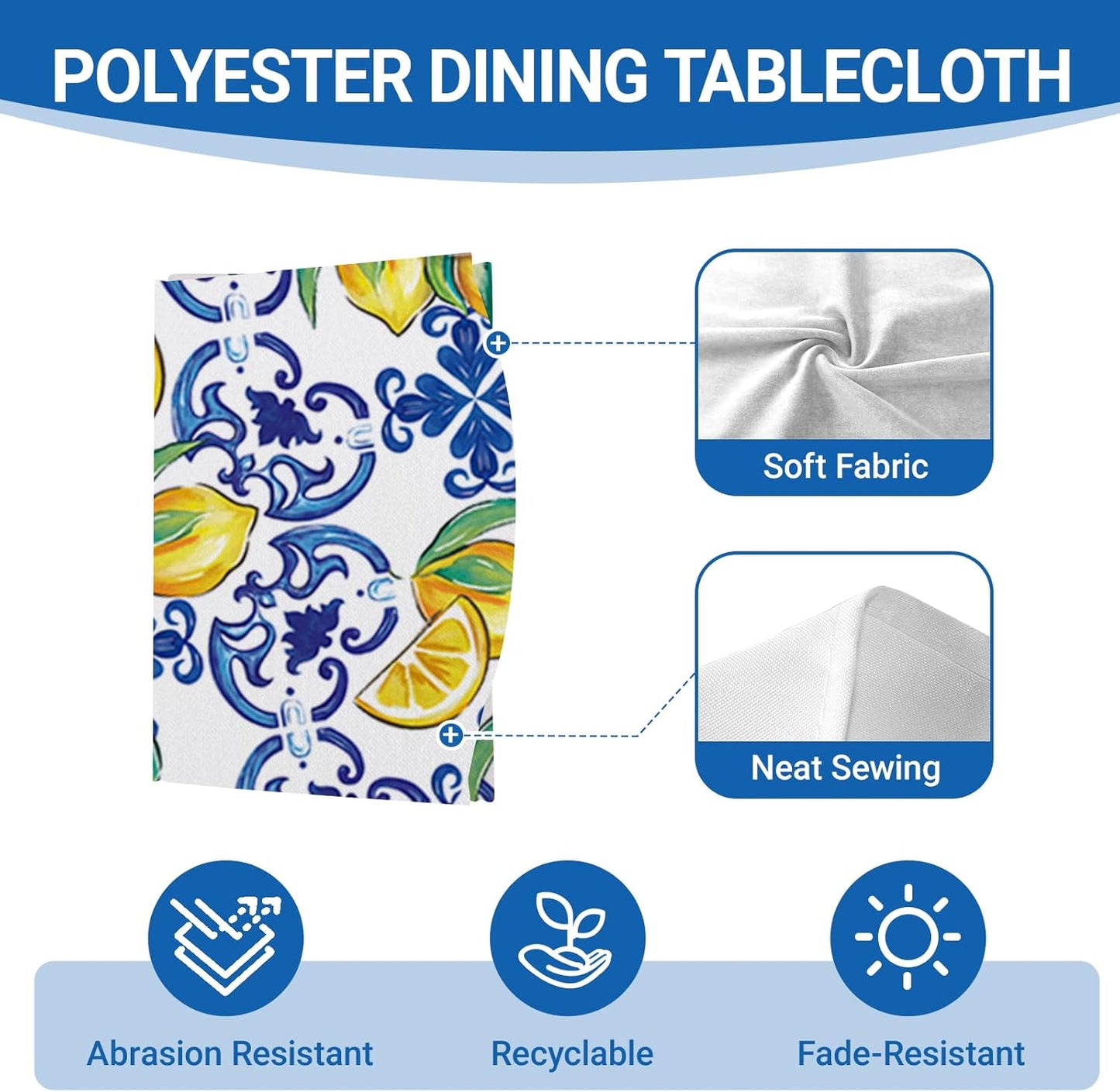 Blue Lemon Italy Tile Pattern Round Tablecloth 60 x 60 Inches, Amalfi Coast Capri Citrus Decorative Dining Table Cloth, Summer Mediterranean Dinner Table Cover Picnic Party Decoration