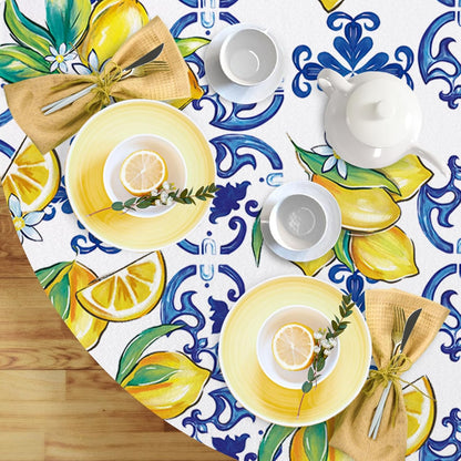 Blue Lemon Italy Tile Pattern Round Tablecloth 60 x 60 Inches, Amalfi Coast Capri Citrus Decorative Dining Table Cloth, Summer Mediterranean Dinner Table Cover Picnic Party Decoration
