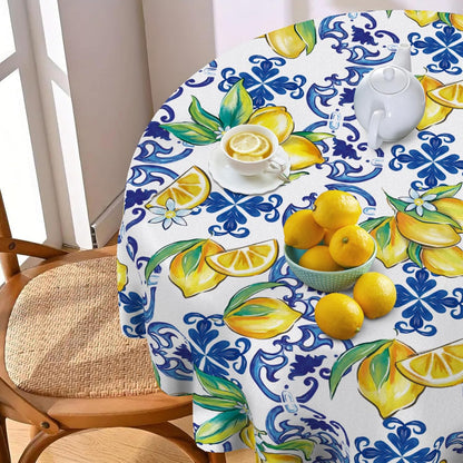Blue Lemon Italy Tile Pattern Round Tablecloth 60 x 60 Inches, Amalfi Coast Capri Citrus Decorative Dining Table Cloth, Summer Mediterranean Dinner Table Cover Picnic Party Decoration