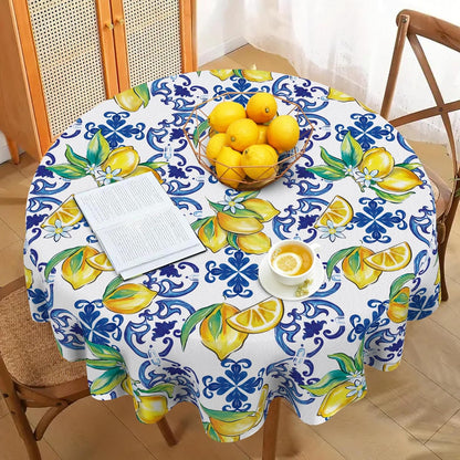 Blue Lemon Italy Tile Pattern Round Tablecloth 60 x 60 Inches, Amalfi Coast Capri Citrus Decorative Dining Table Cloth, Summer Mediterranean Dinner Table Cover Picnic Party Decoration