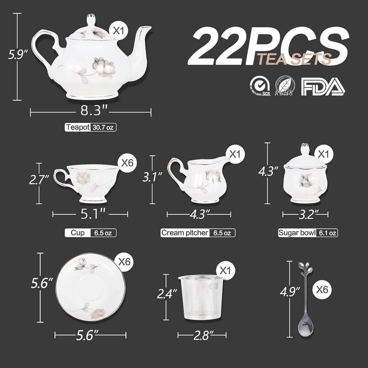 CHENP.HMC Porcelain Ceramic 22-Piece Tea Set, Teapot and Cup Set, 30.7 Ounces, for 6, Gift Sets, Tea or Coffee Lovers, Wedding, Birthday