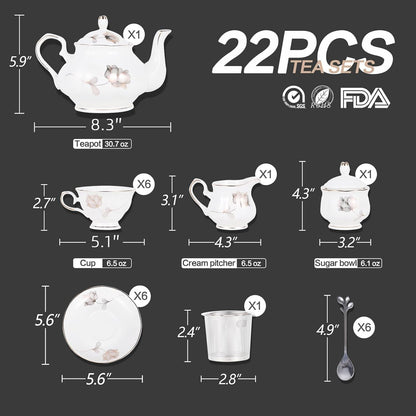 CHENP.HMC Porcelain Ceramic 22-Piece Tea Set, Teapot and Cup Set, 30.7 Ounces, for 6, Gift Sets, Tea or Coffee Lovers, Wedding, Birthday