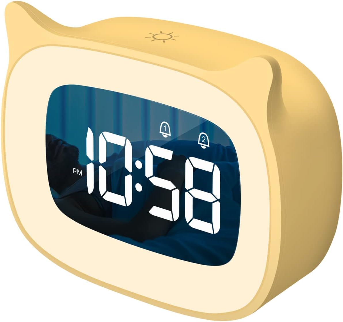 Cute Cat Ear Alarm Clock with Night Light for Bedroom,Yellow | 18 Ringtones, Rechargeable,12/24H,Digital Display, Ideal for Birthday & School Opening