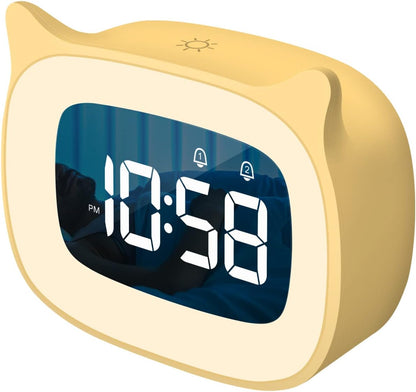 Cute Cat Ear Alarm Clock with Night Light for Bedroom,Yellow | 18 Ringtones, Rechargeable,12/24H,Digital Display, Ideal for Birthday & School Opening