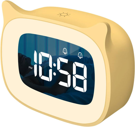 Cute Cat Ear Alarm Clock with Night Light for Bedroom,Yellow | 18 Ringtones, Rechargeable,12/24H,Digital Display, Ideal for Birthday & School Opening