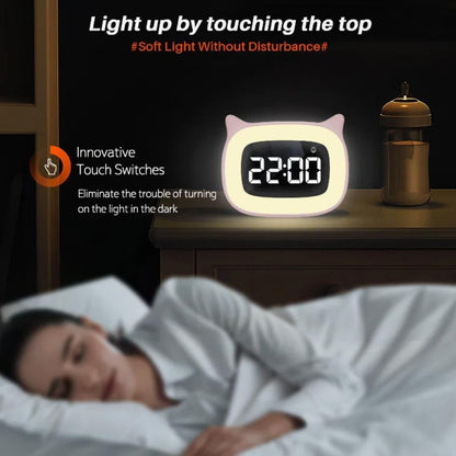 Cute Cat Ear Alarm Clock with Night Light for Bedroom,Yellow | 18 Ringtones, Rechargeable,12/24H,Digital Display, Ideal for Birthday & School Opening