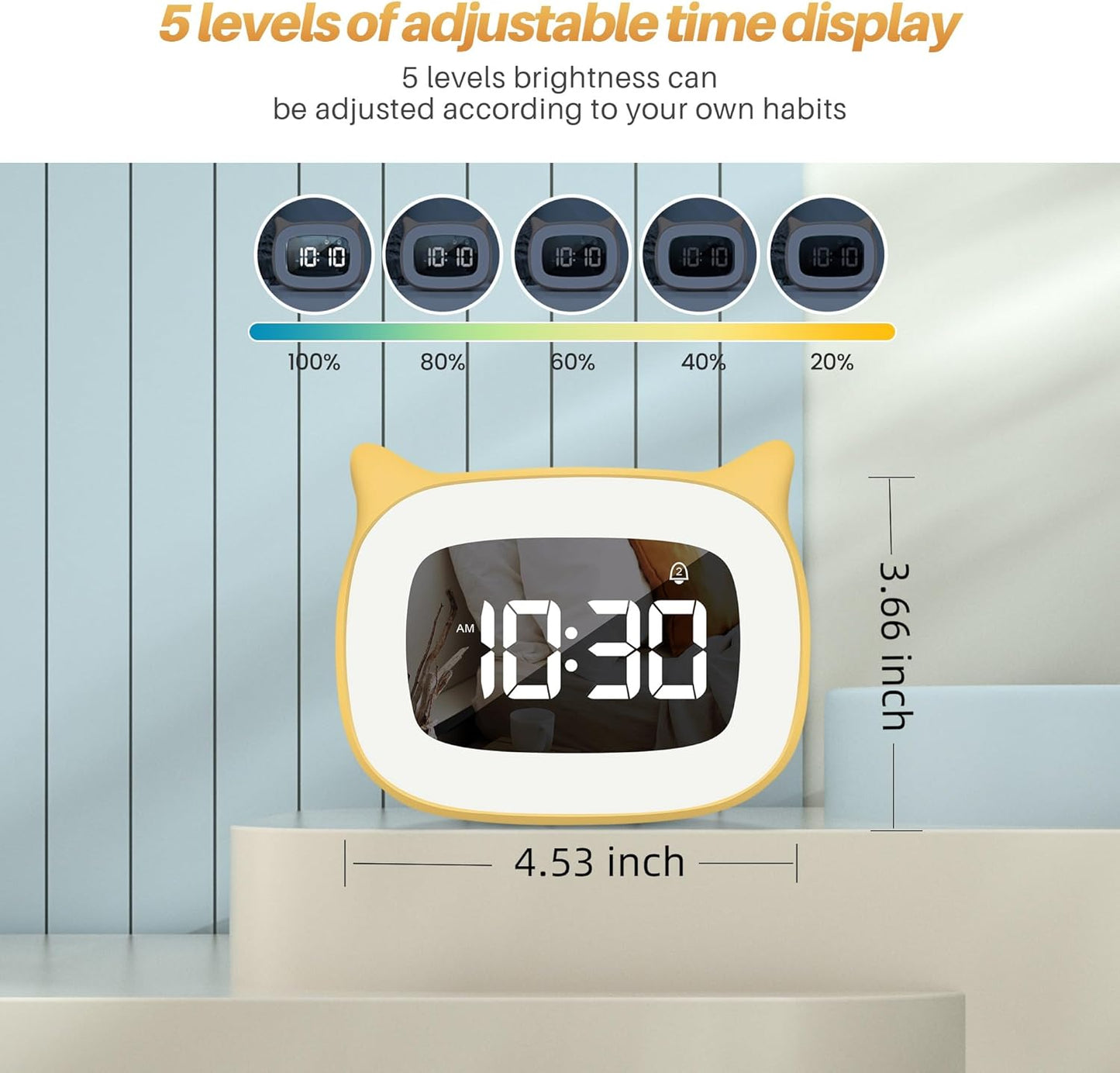 Cute Cat Ear Alarm Clock with Night Light for Bedroom,Yellow | 18 Ringtones, Rechargeable,12/24H,Digital Display, Ideal for Birthday & School Opening