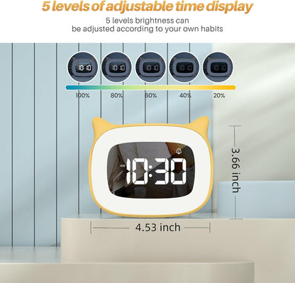 Cute Cat Ear Alarm Clock with Night Light for Bedroom,Yellow | 18 Ringtones, Rechargeable,12/24H,Digital Display, Ideal for Birthday & School Opening