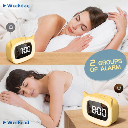 Cute Cat Ear Alarm Clock with Night Light for Bedroom,Yellow | 18 Ringtones, Rechargeable,12/24H,Digital Display, Ideal for Birthday & School Opening