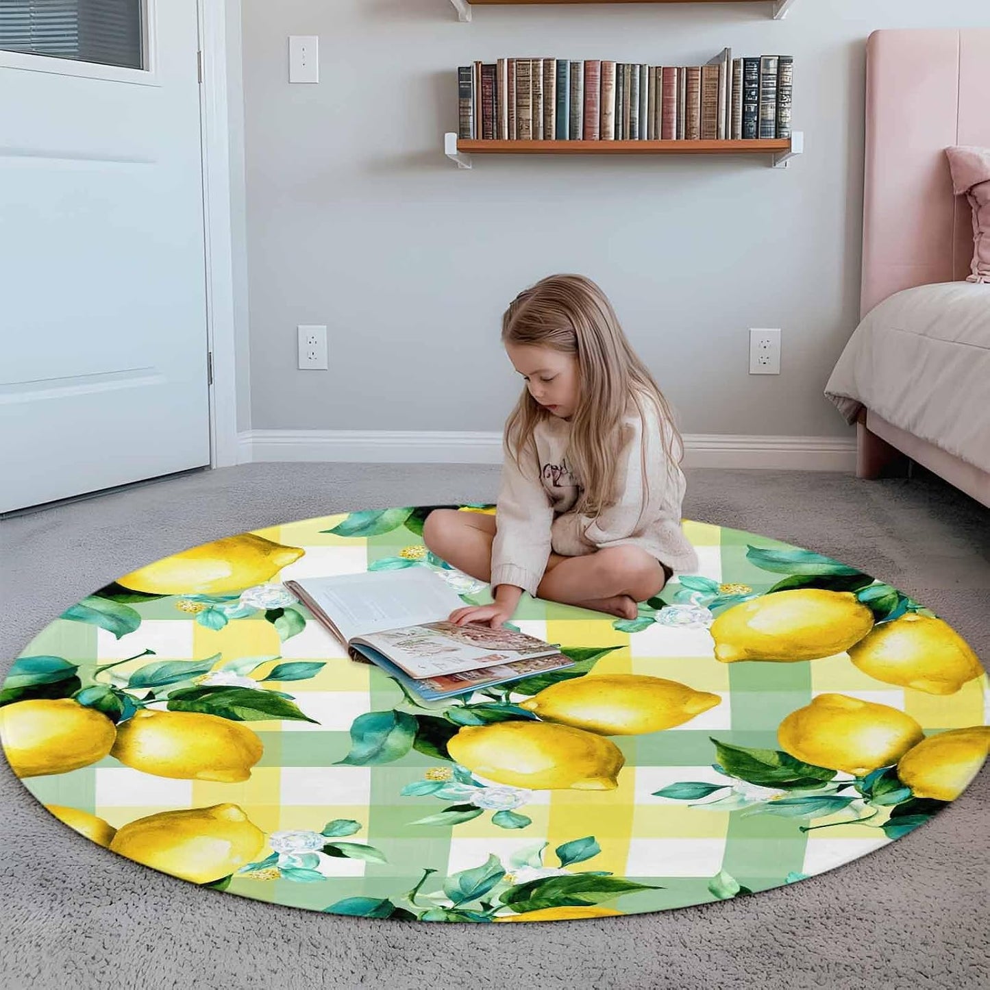Round Area Rug, Summer Lemon Fruit Green Leaf Circle Living Room Rug Non-Slip Rugs Indoor Carpet, Light Yellow Green Check Soft Comfort Rugs for Bedroom Kids Room