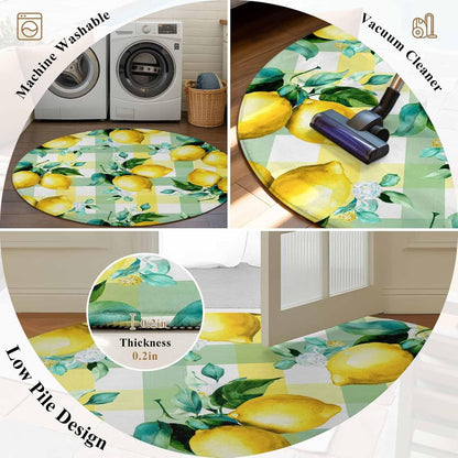 Round Area Rug, Summer Lemon Fruit Green Leaf Circle Living Room Rug Non-Slip Rugs Indoor Carpet, Light Yellow Green Check Soft Comfort Rugs for Bedroom Kids Room