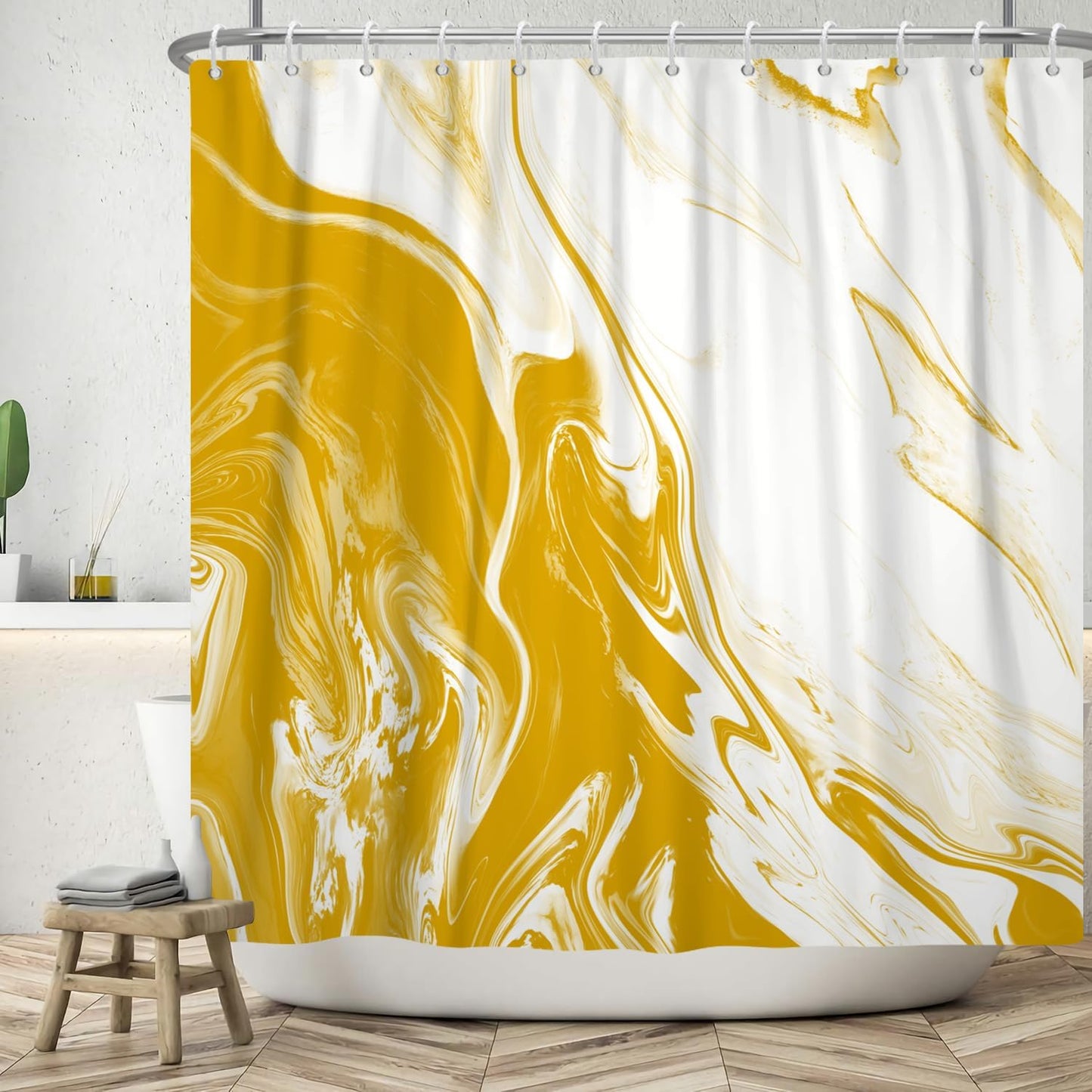 Yellow Marble Shower Curtain Modern Abstract | Waterproof Aesthetic Shower Curtain Sets for Bathroom, Weighted Hem, Extra Long 72x84 in with 12 Hooks, Washable Polyester