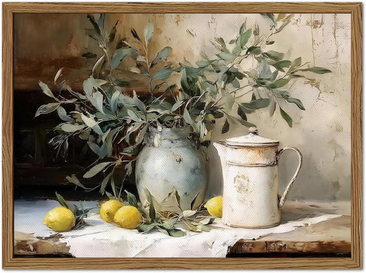 Framed Vintage Kitchen Wall Art, Rustic Yellow Lemon Still Life Pictures Wall Decor, Country Botanical Paintings Canvas Prints Farmhouse Home Decor for Dining Room Living Room 12x16 inch