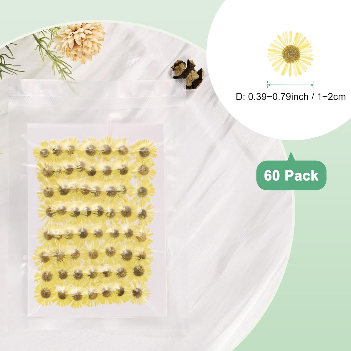 60-Pack Dried Pressed Flowers for Resin, Real Natural Bulk Dry Floral for Crafts/DIY Jewelry/Soap Making/Scrapbooking/Handmade Candle/Epoxy Resin Supplies [Yellow]