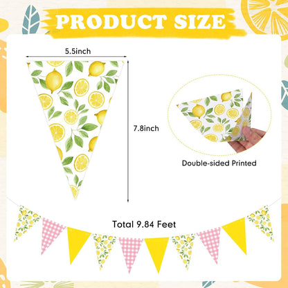 2 Pcs Lemon Party Decorations Pink Plaid Floral Lemon Banner Bunting Hanging Paper Triangle Garland Streamer for Wedding Bridal Shower Engagement Bachelorette Baby Shower Birthday Party Decor