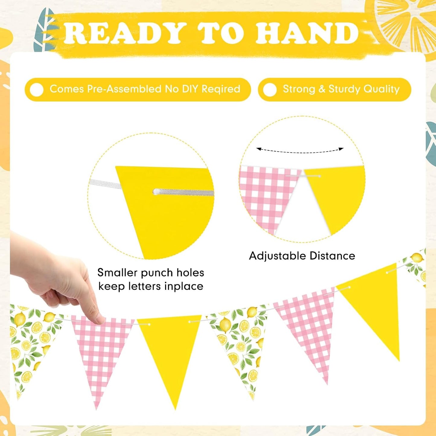 2 Pcs Lemon Party Decorations Pink Plaid Floral Lemon Banner Bunting Hanging Paper Triangle Garland Streamer for Wedding Bridal Shower Engagement Bachelorette Baby Shower Birthday Party Decor