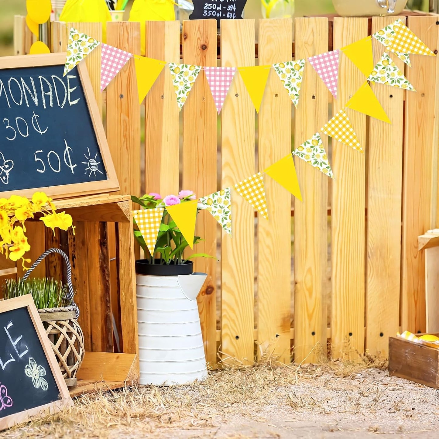 2 Pcs Lemon Party Decorations Pink Plaid Floral Lemon Banner Bunting Hanging Paper Triangle Garland Streamer for Wedding Bridal Shower Engagement Bachelorette Baby Shower Birthday Party Decor