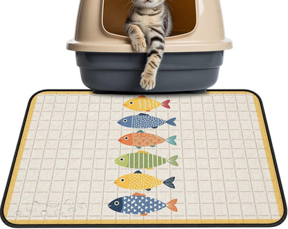 T&H XHomeCoastal Fish Cat Litter Mat 24x18 , Nautical Fish Cartoon Plaid Yellow Kitty Litter Box mat for Cat Machine Washable Easy Clean Soft Non-Slip Pet Food Mats for Floor Rug