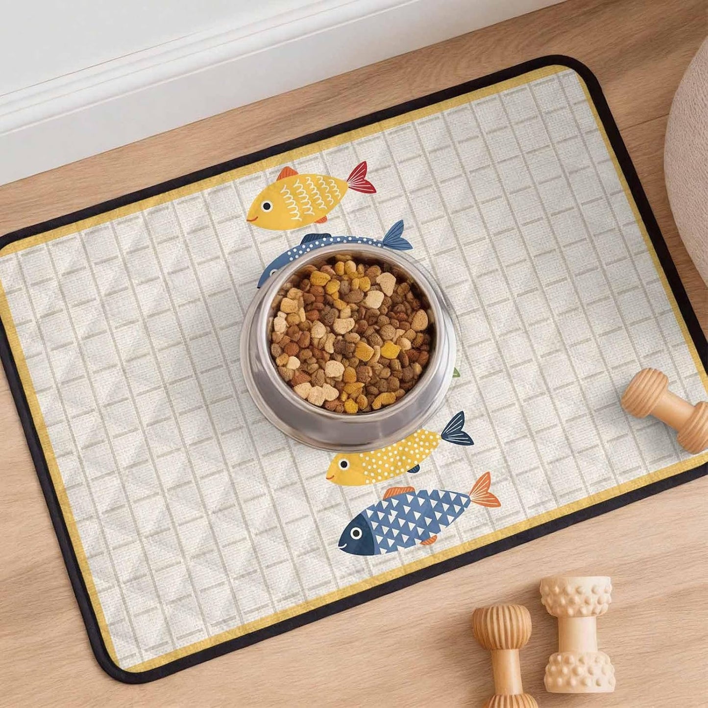 T&H XHomeCoastal Fish Cat Litter Mat 24x18 , Nautical Fish Cartoon Plaid Yellow Kitty Litter Box mat for Cat Machine Washable Easy Clean Soft Non-Slip Pet Food Mats for Floor Rug