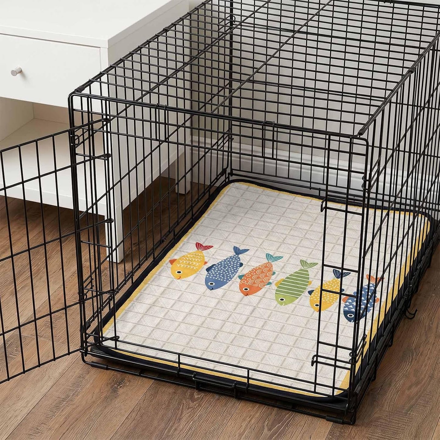 T&H XHomeCoastal Fish Cat Litter Mat 24x18 , Nautical Fish Cartoon Plaid Yellow Kitty Litter Box mat for Cat Machine Washable Easy Clean Soft Non-Slip Pet Food Mats for Floor Rug