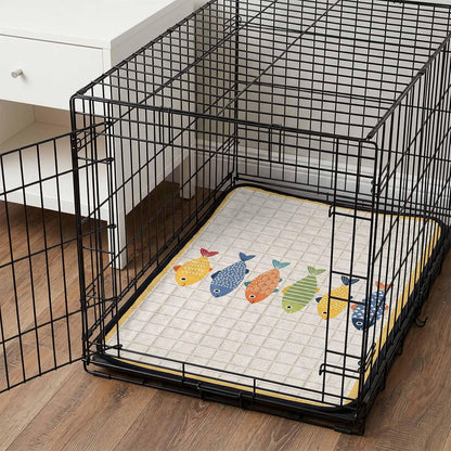 T&H XHomeCoastal Fish Cat Litter Mat 24x18 , Nautical Fish Cartoon Plaid Yellow Kitty Litter Box mat for Cat Machine Washable Easy Clean Soft Non-Slip Pet Food Mats for Floor Rug