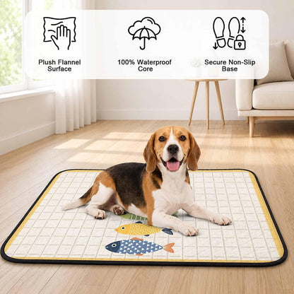 T&H XHomeCoastal Fish Cat Litter Mat 24x18 , Nautical Fish Cartoon Plaid Yellow Kitty Litter Box mat for Cat Machine Washable Easy Clean Soft Non-Slip Pet Food Mats for Floor Rug