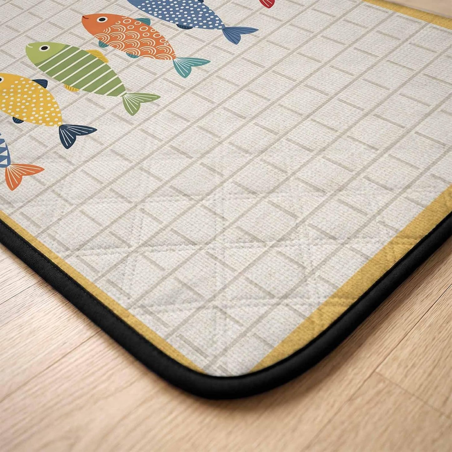 T&H XHomeCoastal Fish Cat Litter Mat 24x18 , Nautical Fish Cartoon Plaid Yellow Kitty Litter Box mat for Cat Machine Washable Easy Clean Soft Non-Slip Pet Food Mats for Floor Rug